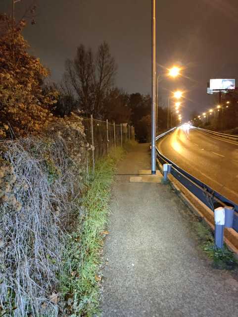 Narrow bikeway next to a road with a streetlamp on the side