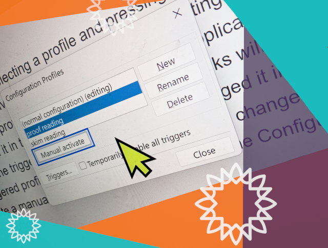 Angled screenshot of the configuration profile screen (over the manual profile section in the user guide).  Orange, turquoise and purple around edges with several white sunbursts.
