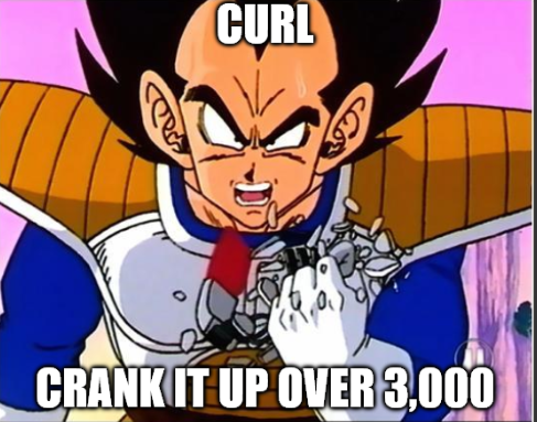 The meme over 9000. On the picture is a fighter from Dragonball Z who screams a the viewer by distroting a small computing device with his left hand. The caption is: CURL, crank it up over 3000. 