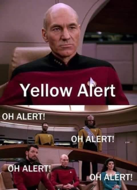 [On the bridge of Enterprise]

Picard: Yellow alert

Everyone: OW ALERT!!