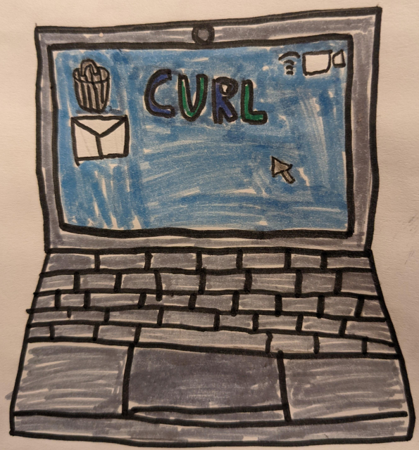 A child's drawing of a laptop showing "curl" on the screen.