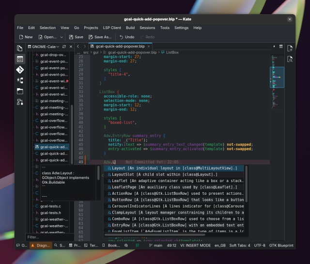 Kate window open in the blueprint file GNOME Calendar's quick-add popover menu. The user is adding a new widget, starting with `Adw.L`, with a pop-up offered by Kate to autocomplete the widget name.