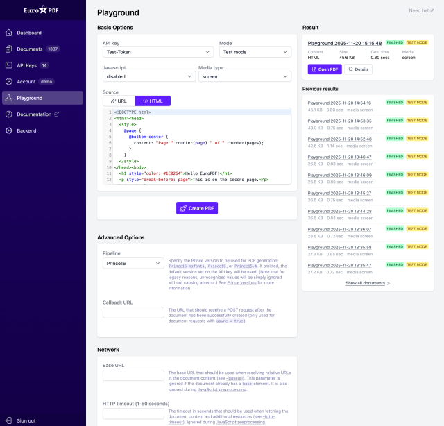 Screenshot des EuroPDF Playgrounds: Ein umfangreiches Formular mit Eingabefeldern für HTML oder alternative eine URL und weiteren Optionen wie „Javascript“, „Media Type“, „Callback URL“ usw. Daneben eine Auflistung von PDFs, die bisher im Playground erzeugt wurden, mit Detailangaben zu Dateigröße, Erstellungsdauer etc.