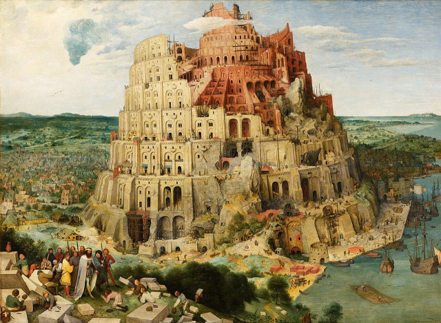 The Tower of Babel by Pieter Bruegel the Elder. Oil on board, 1563.

Humans have speculated about the origins of language throughout history. The Biblical myth of the Tower of Babel is one such account; other cultures have different stories of how language arose.

The painting shows Pieter Bruegel the Elder’s The Tower of Babel (1563), depicting a colossal, spiraling tower under construction. The structure dominates the landscape, its arches and stacked tiers resembling a monumental, half-finished coliseum. Workers and scaffolding cling to the tower’s surface, emphasizing the scale and ambition of the project.

In the foreground, a gathering of figures appear to be overseeing the construction. The surrounding landscape shows a bustling port city, with ships, houses, and fields extending toward the horizon. The sky is partly cloudy, contrasting the monumental tower with the smallness of human activity below.

https://en.wikipedia.org/wiki/Language#/media/File:Pieter_Bruegel_the_Elder_-_The_Tower_of_Babel_(Vienna)_-_Google_Art_Project_-_edited.jpg