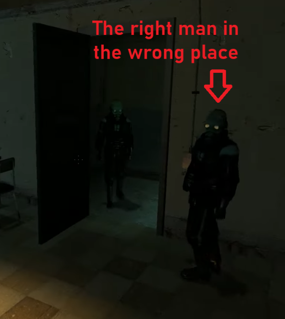 Two Combine soldiers with the problematic door in question. Text says "The right man in the wrong place" and points to the one on the right.