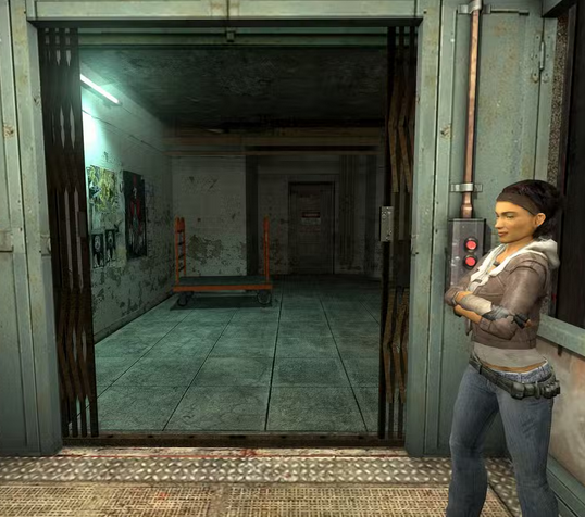 Alyx standing beside an elevator door.