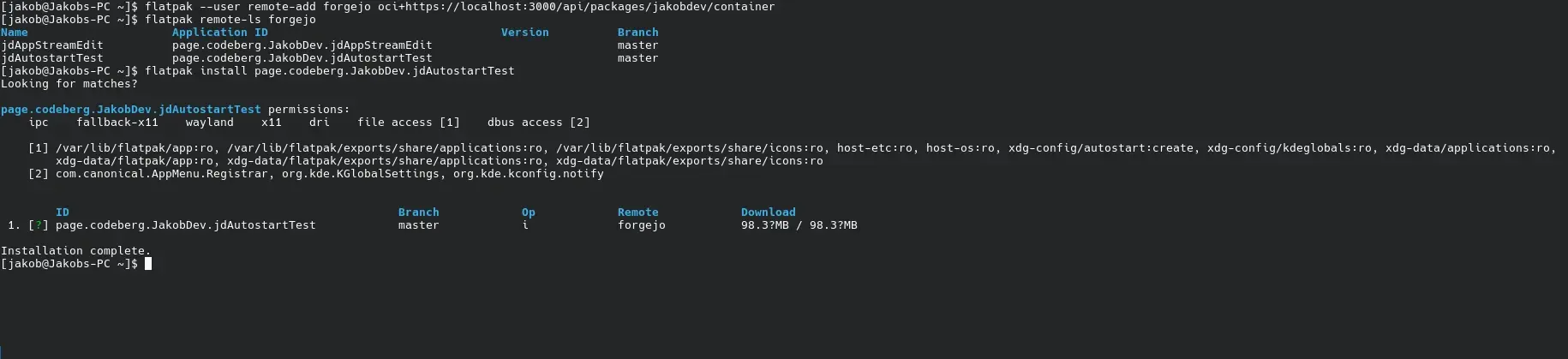 A screenshot of a console which shows installing a Flatpak from a Forgejo package registry