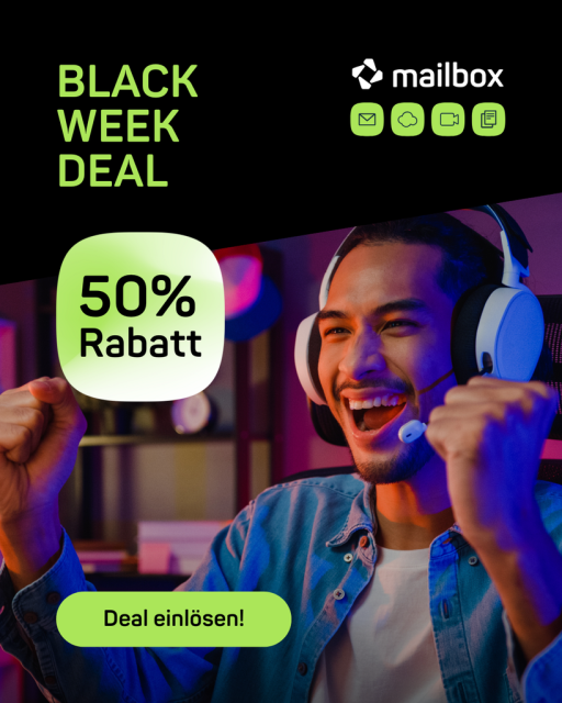 "Black Week Deal: 50 % Rabatt. Deal einlösen!" Zu sehen ist auch das Logo von mailbox gemeinsam mit Icons, die ein Kuvert für Mail, eine Wolke für Cloud-Speicher, eine Kamera für Videokonferenzen und zwei Papierseiten für Online Office darstellen sollen.