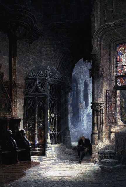 A painting or watercolor showing the dark, ornate interior of a Gothic church or abbey. A pool of light highlights the lower right area of the scene, where an elderly, somber-looking man, dressed in dark clothing, sits alone on a stone step, leaning on a cane. To the left is a tall, elaborate wrought-iron gate. To the right, a large stained-glass window shows a brightly colored image of an angel, contrasting with the overall dim, moody atmosphere of the interior. In the background, vaulted arches recede into the darkness.