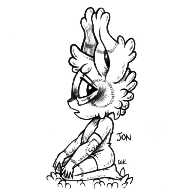 an ink drawing featuring a humanoid rabbit named Jon. Jon is kneeling on the ground, with hands on their knees, they are looking sideways, whilst appearing to say something. They are wearing a shortie leotard.  Their fur is made up of bulbous tufts, and they have circlular patterns spread out on their body.