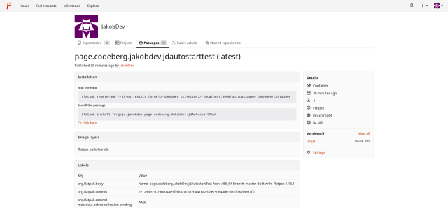 A Screenshot showing the new Flatpak package UI in Forgejo