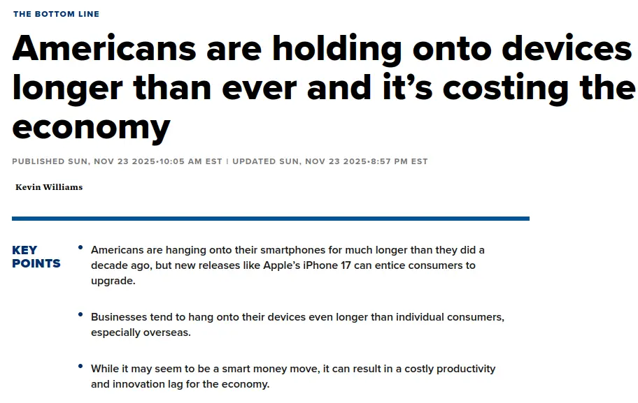 The Bottom Line

Americans are holding onto devices longer than ever and it’s costing the economy

Published Sun, Nov 23 202510:05 AM EST Updated Sun, Nov 23 20258:57 PM EST

Kevin Williams

Key Points

Americans are hanging onto their smartphones for much longer than they did a decade ago, but new releases like Apple’s iPhone 17 can entice consumers to upgrade.

Businesses tend to hang onto their devices even longer than individual consumers, especially overseas.

While it may seem to be a smart money move, it can result in a costly productivity and innovation lag for the economy.