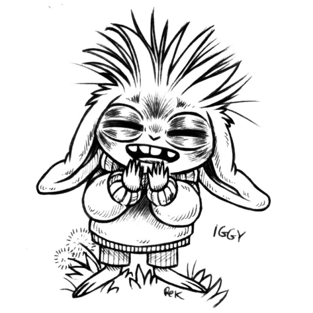 an ink drawing featuring a humanoid rabbit named Iggy. Iggy has their hands up to their mouth, they are laughing with their eyes closed. They are wearing a hunky sweater and striped pants. Their ears are lying down, and the hair atop their head is very wild..