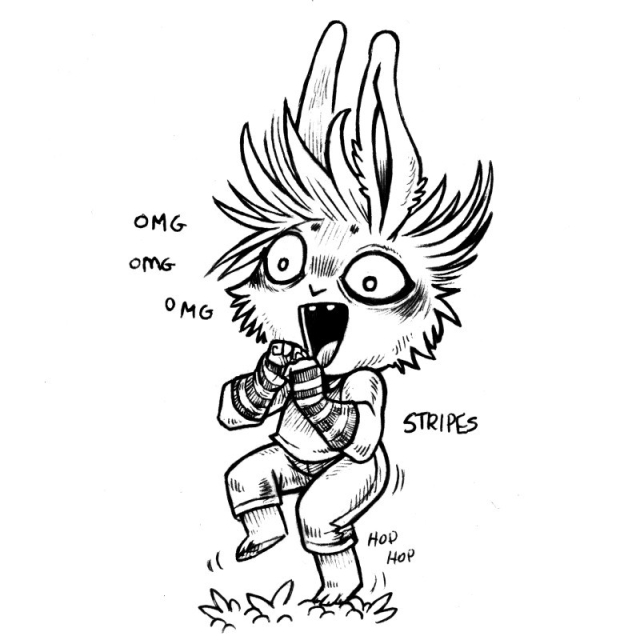 An ink drawing featuring a humanoid rabbit named Stripes. Stripes is hopping from one foot to the other and looks very excited. They're wearing striped arm warmers and have a long bangs.