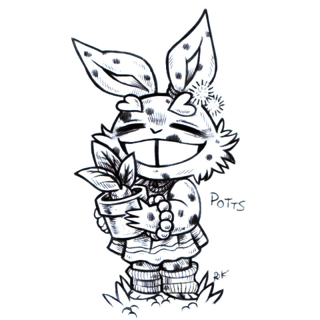 an ink drawing of a humanoid rabbit standing, smiling widely with their eyes closed while holding some sort of potted plant with big leaves and a large bulb. They are wearing and dress and thick leg warmers. Their eyebrows are shaped like sideways eats, they are wearing an elastic around one ear decorated with pompoms, one wrist has a big-beaded bracelet around it, and their fur has many dark spots.