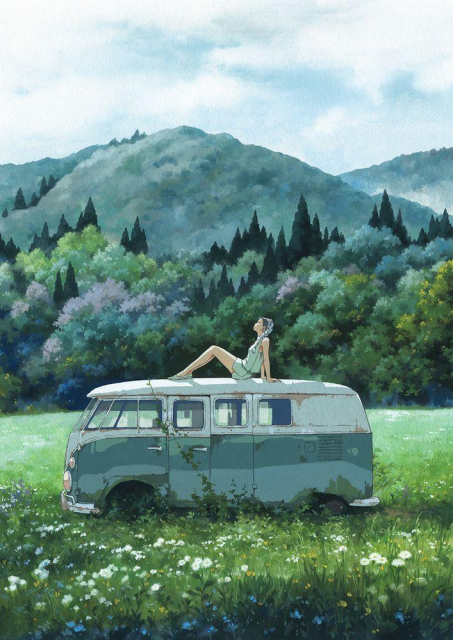 a painting of a girl sitting on top of a Volkswagen bus in front of a mountain range