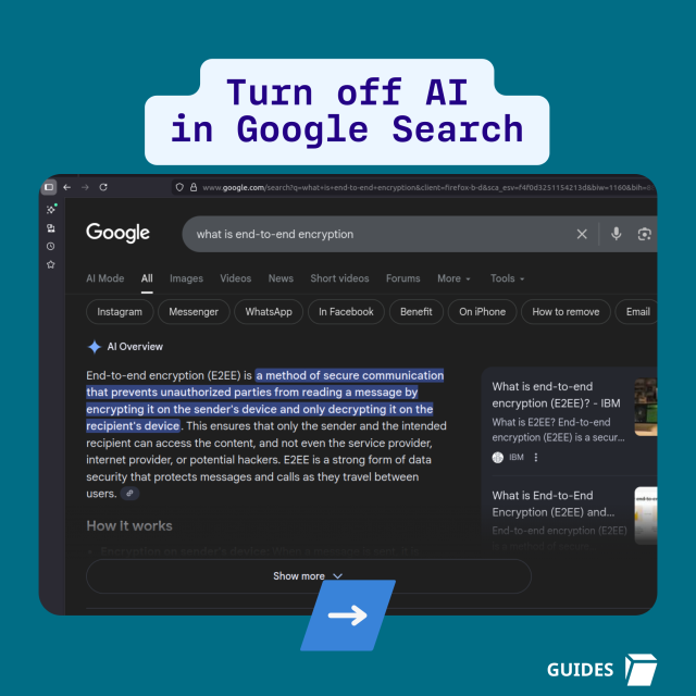 Turn off AI in Google Search: screenshot of a search in Google with the AI overview displayed. 