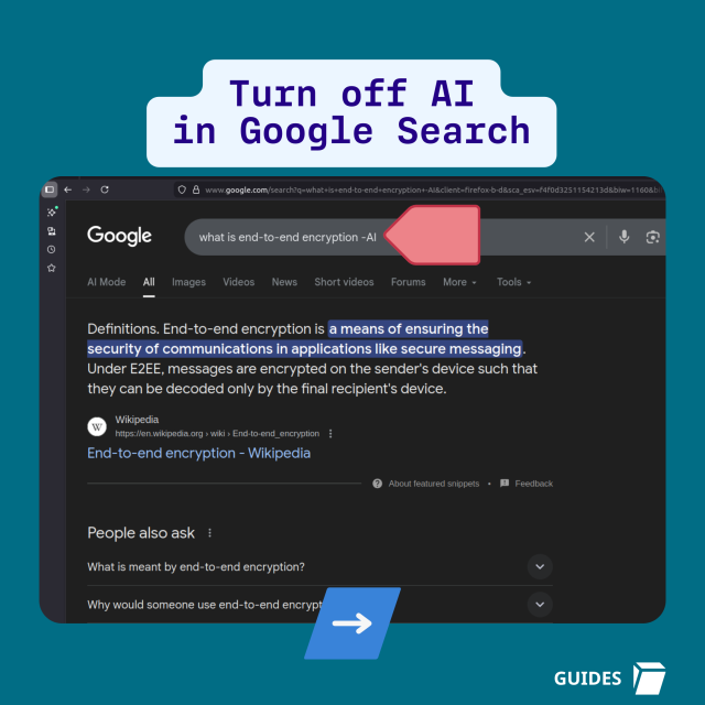 Turn off AI in Google Search: enter your search term followed by "-AI" before clicking to search.