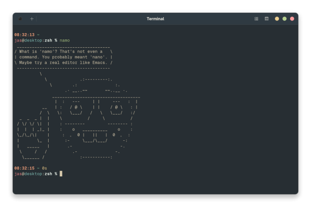 Screenshot of a terminal window showing what is depicted as "reply guy response" to entering an invalid command. The command entered is "namo". The output is the cowsay program's ASCII art depiction of a reply guy saying "What is 'namo'? That's not even a command. You probably meant 'nano'. Maybe try a real editor like Emacs."
