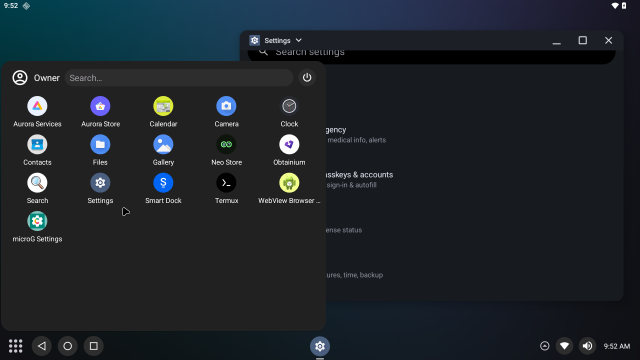 Bass OS 16 Desktop UI, showing the app menu and Settings open as a floating window