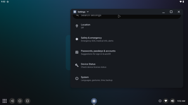 Bass OS 16 Desktop UI, showing Settings opened as a floating window