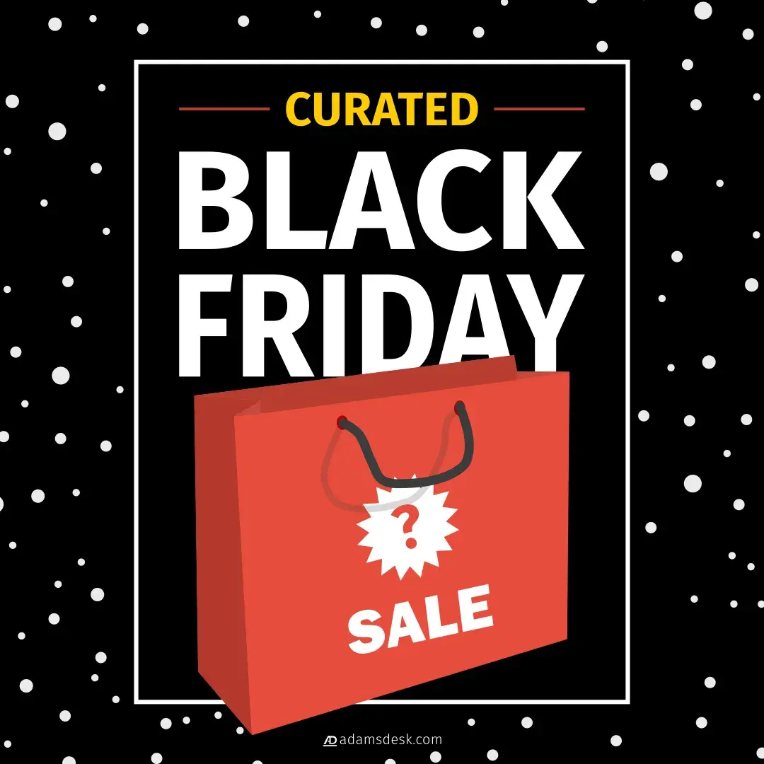 An outlined box with large print of 'Curated Black Friday' next to a red shopping bag. On the front of the shopping bag is a question mark by the word 'Sale'.