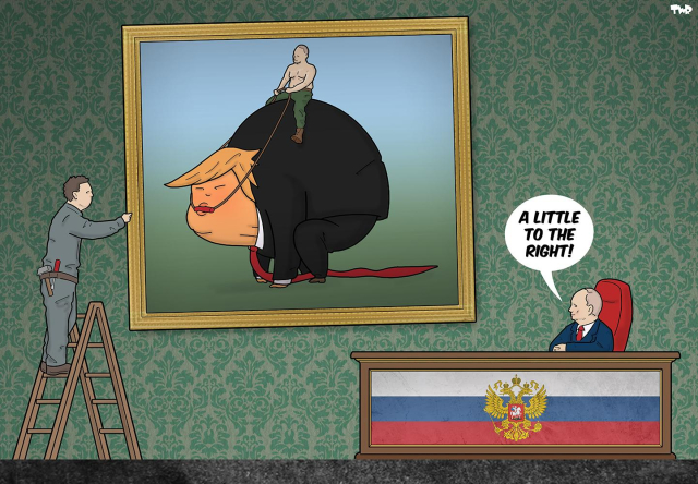 Cartoon showing Putin behind his desk while a concierge is hanging a painting in his office of him riding Trump as a horse.