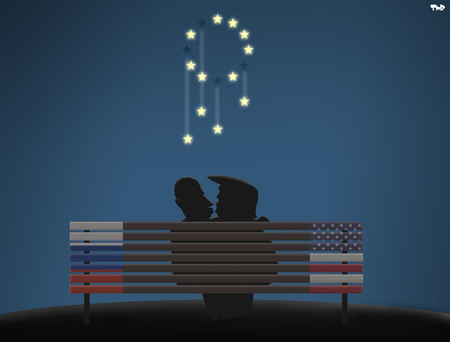 Silhouettes of Putin and Trump sitting on a bench, kissing; bench has Russian flag on the Putin side, USA flag on the Trump side.

Blue background. Above them, a circle of stars reminiscent of the EU flag. A few stars are falling, leaving clear empty spaces in it.