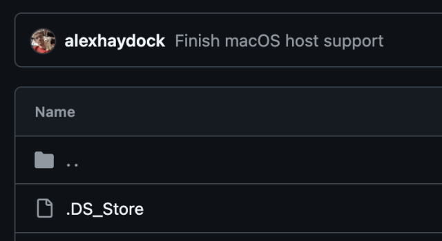 Screenshot of a Git commit labeled 'Finish macOS host support'. The first file in the Git directory is .DS_Store