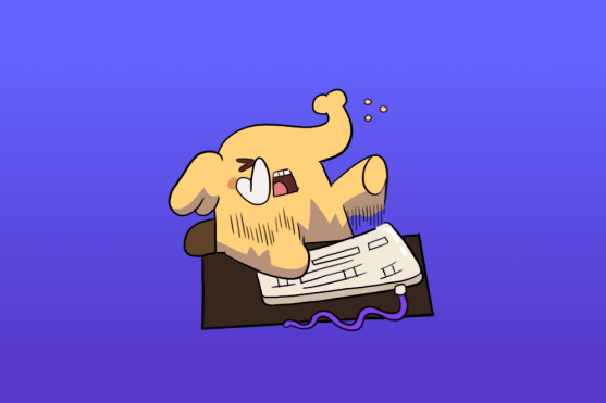 A Mastodon hammering away on a computer keyboard