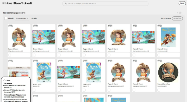 A screenshot of the website "Have I been trained" offering a GUI to watch into the LAION database of the AI giants and perform a search on it. On the screenshot: many , many items returned by the search for Pepper&Carrot, my comic.