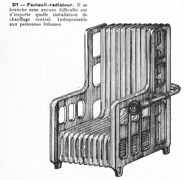 Illustration du "Fauteuil radiateur", un vieux radiateur en fonte en forme de fauteuil avec un dossier haut et des accoudoirs.
Description du livre : "Il se branche sans aucune difficulté sur n'importe quelle installation de chauffage central. Indispensable aux personnes frileuses."