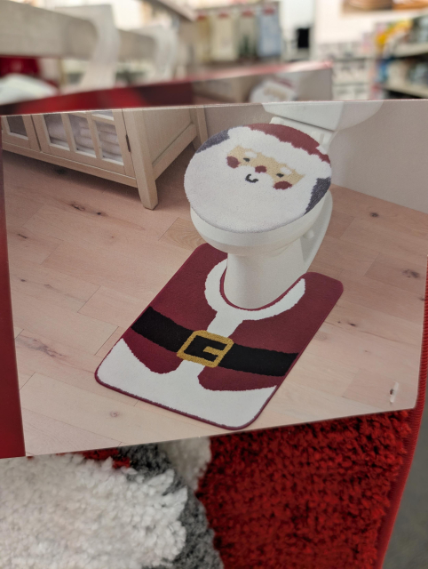 a rug/cover set for your toilet. the rug around the bottom looks like Santa's jacket and belt, so that the toilet comes out of the neck hole. the toilet seat cover is Santa's face and hat.