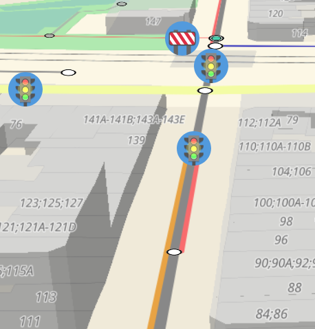 A 3D-map representation of a road. The road is rendered in grey, with a dark-yellow lane on the left (the 'shared lane') and a red lane on the right (the cycle lane)