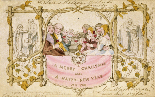 This is the first commercially available Christmas Card commissioned by Henry Cole in 1843. It was sent by him to his grandmother & sold at auction in 2001 for £22,500.

The card shows three generations of a family in Victorian attire. The elderly folks are on the left, a woman with a bonnet and a shawl around her shoulders, and her balding, slightly overweight husband. 

On the right are their children, a young blonde woman with a lace shawl, and her husband, a light blonde man somewhere in his 20s. There is a second young couple, likely their siblings. The two young couples' children are seen in the distance. All three generations drink red wine. 

The people are framed by branches and wine leaves, and two scenes of pencilled domesticity.