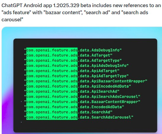 Screenshot showing lines of code references in the ChatGPT Android app to a new "ads feature," including "bazaar content," "search ad," and "search ads carousel."