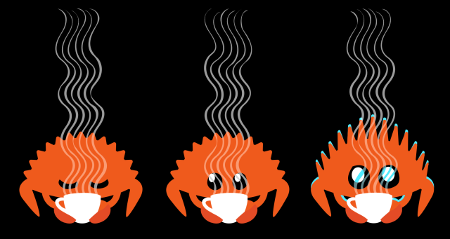 Triptych of an orange crab with a spiky top holding a white cup with a handle with steam rising from it. 1: Crab has eyes closed 2: Crab eyes are open and normal size 3: Crab eyes have gotten huge, the spikes are raised high like staticy hair, and the crab is highlighted in electric teal