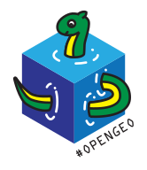 an icon for open geospatial, represented by a cute seamonster poking its head, body, and tail out of different sides of a cube of water