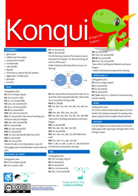 A preview of the instructions of how to make an amigurumi KDE dragon. Get the full resolution PDF document from https://kde.org/fundraisers/yearend2025/thanks_paypal/konqipattern.pdf
