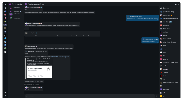 Screenshot of Nexus Client in dark mode, showing users talking, with a sidebar showing rooms and spaces, and another sidebar showing members