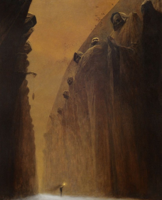 A dark, surreal, and unsettling painting by Zdzisław Beksiński. The image depicts a deep, narrow canyon or gorge. The massive, towering cliffs on the right appear to be carved into the shape of several giant, draped, decaying figures with skull-like faces. A bright, orange-brown light fills the sky and the bottom of the canyon. A very small, lone human figure holding a torch or light is walking away into the distance in the foreground.