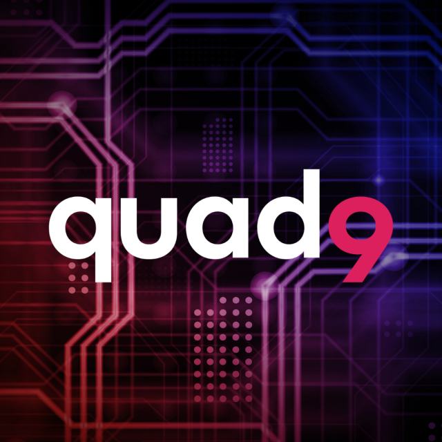 Quad9 logo centered in bold white and pink against a circuit-themed purple and blue background.