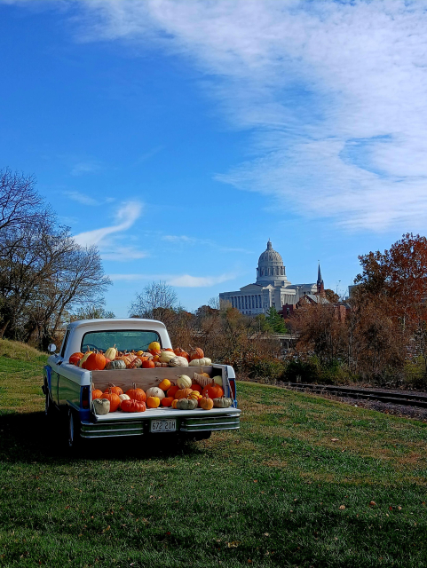 An older truck in blue and white sits next to the train tracks. The bed is filled with Pumpkins and Squashes in orange, white, blue, and yellow.  In the background you can see the Missouri state Capitol building 
