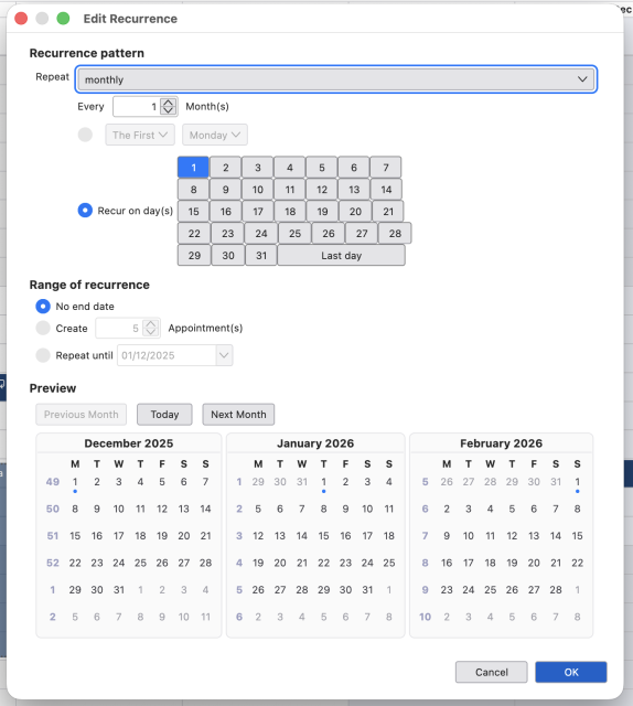 Screenshot of Mozilla Thunderbird Calendar event creation custom repetition pattern dialog window.