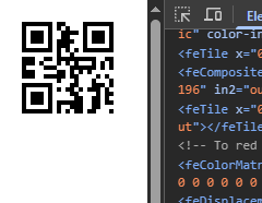 a QR code that reads "hi from svg!!! :3", next to devtools with various SVG filter elements visible