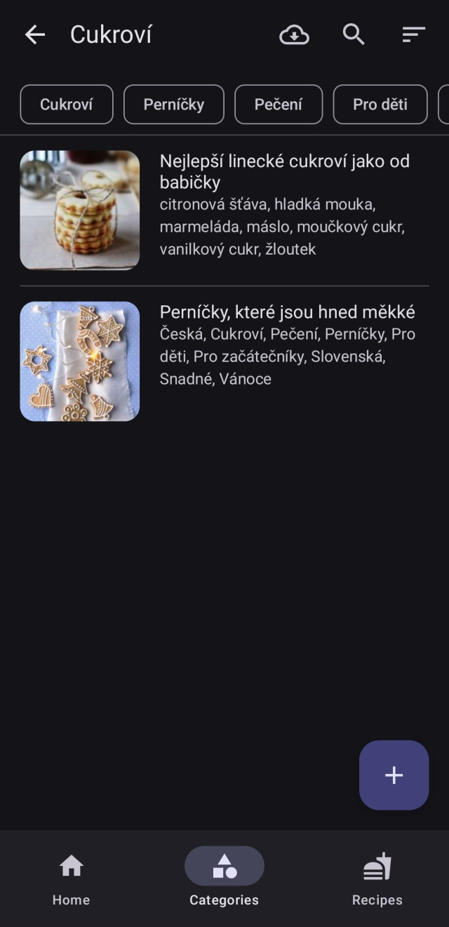 Screenshot from android Cookbook app showing sweets category