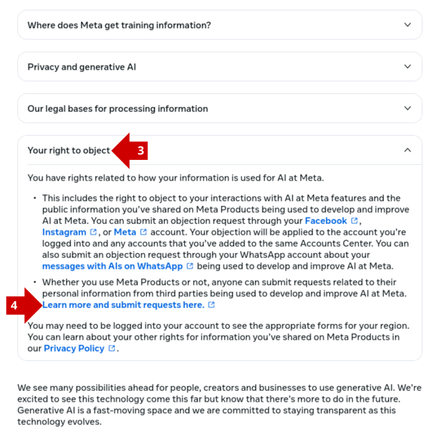 Screenshot of the Meta Privacy Center to opt out from AI tracking