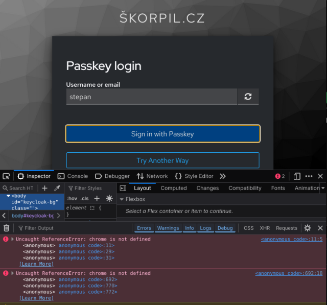 Keycloak login page with error message in Firefox dev console saying "chrome is not defined"