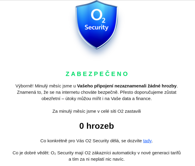Screenshot zprávy, kde se O2 Security chlubí, že za minulý měsíc v celé síti O2 zastavili 0 hrozen.