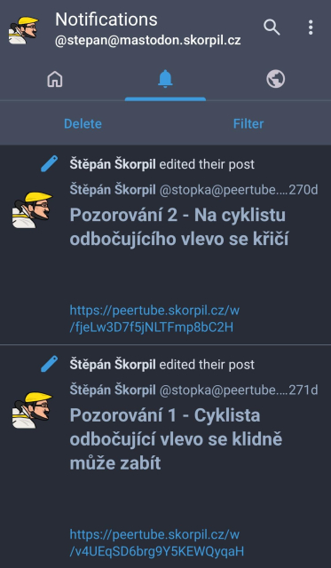 Peertube video update notifications